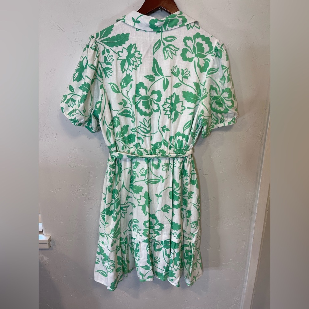 Draper James Green Floral Puff Sleeve Dress‎ Women’s Large Rayon Linen Blend - Picture 10 of 12